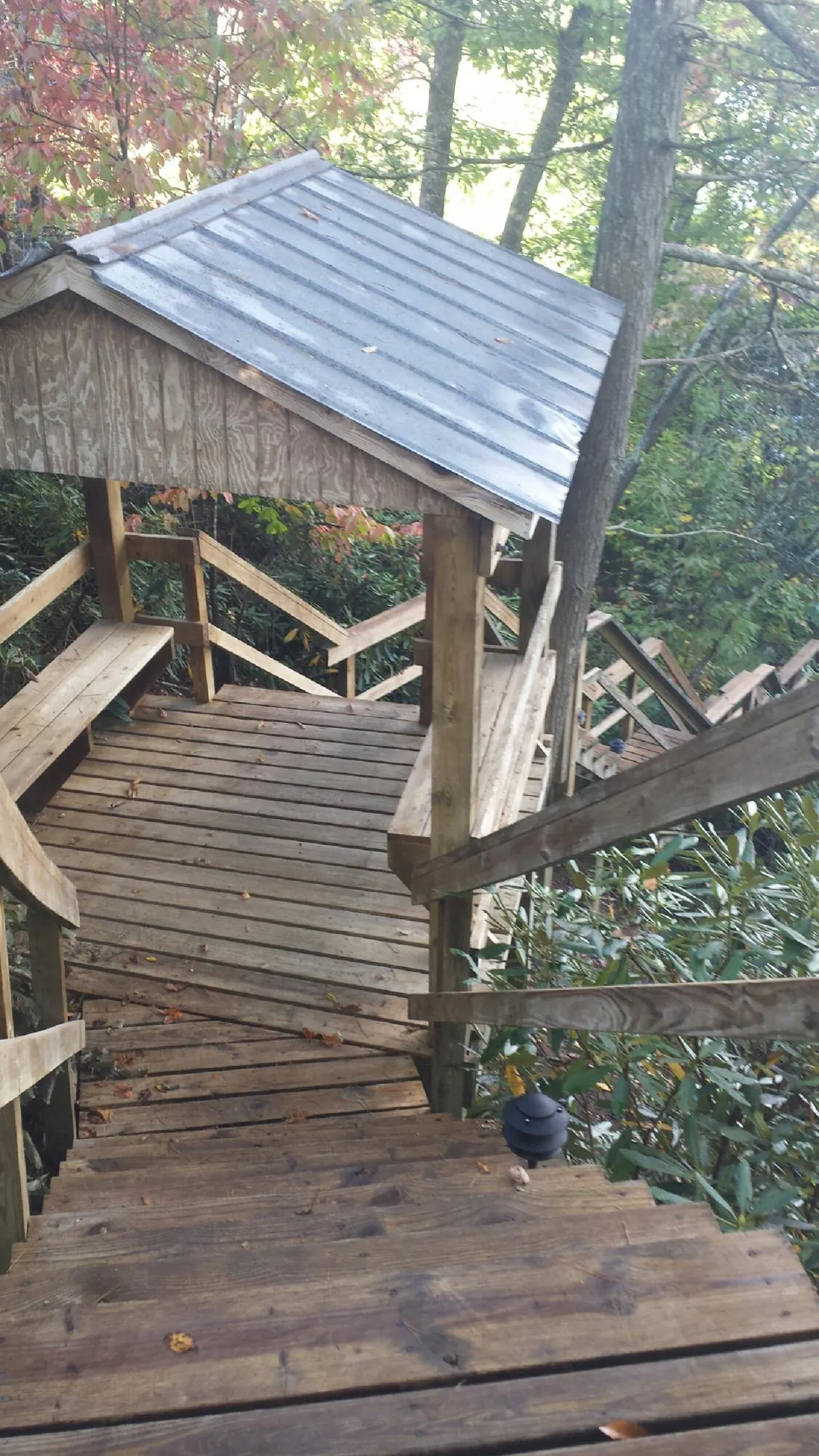 Metal roofed shelter over wooden steps on a wooded walkway — Skylight Repair & Installation work by our crew in Mount Airy